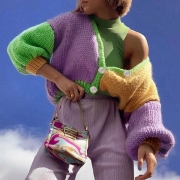 Fashion Contrast Color Lantern Sleeve V-neck Loose Knit Cardigan