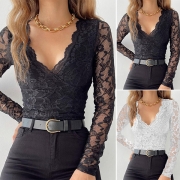 Sexy Deep V-neck Long Sleeve Solid Color Lace Bottoming Top