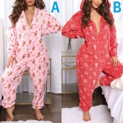Casual Style Printed Long Sleeve Hooded Loose Flannel Jumpsuit One-piece Pajama