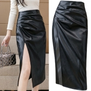 Sexy High Waist Slit Hem Slim Fit PU Leather Skirt