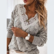 Fashion Lace Spliced V-neck Long Sleeve Solid Color Sweater