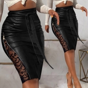 Sexy Tie-belt High Waist Slim Fit Lace Spliced PU Leather Skirt