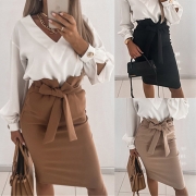 Elegant Solid Color Skirt with Belt