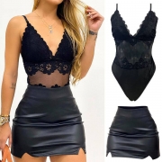 Sexy Backless V-neck Sling Lace Bodysuit + High Waist PU Leather Skirt Two-piece Set