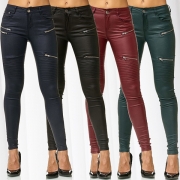 Fashion Middle Waist Front-zipper Slim Fit PU Leather Pants