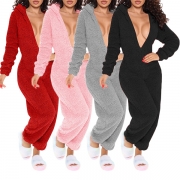 Sexy Solid Color Plush Back-button Flap Nightwear Jumpsuit