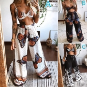 Bohemia Style Butterfly Printed Two-piece Set consist of Crop Top+Wide Leg Pants