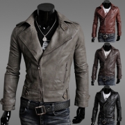 British Style Solid Color Slim Fit Men's PU Leather Jacket