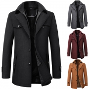 Fashion Solid Color Long Sleeve Single-breasted Men's Woolen Coat