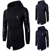 Fashion PU Leather Spliced Long Sleeve Irregular Hem Men's Hoodie
