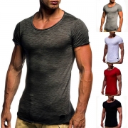 Fashion Round-neck Solid Color Short Sleeve Slim Fit Man's Shirt 