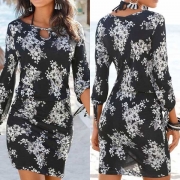 Fashion Contrast Color Long Sleeve Shivering Printed Over-hip Dress
