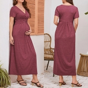 Sexy Boat Neck Short Sleeve Solid Color Maternity Dress