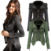 Retro Rivets Irregular Hem Long Sleeve Slim Fit Denim Coat