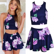 Sexy Backless Tops + Shorts Floral Print Two-piece Set
