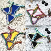 Sexy Crochet-Hem Color Block Low-Rise Bikini Set
