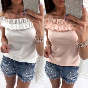 Sexy Off-shoulder Ruffle Boat Neck Solid Color T-shirt