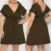 Sexy V-neck Short Sleeve Solid Color Oversized Dress