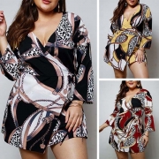 Sexy Deep V-Neck Long Sleeve Oversized Plus-size Printed Dress