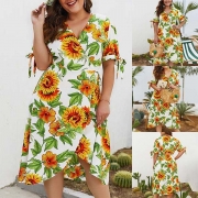 Fashion Short Sleeve V-neck Oversized Plus-size Printed Dress