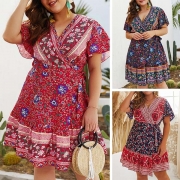 Sexy V-neck Short Sleeve Oversized Plus-size Printed Dress
