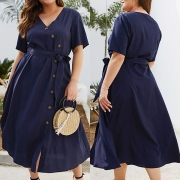 Sexy V-neck Short Sleeve Solid Color Oversized Plus-size Dress