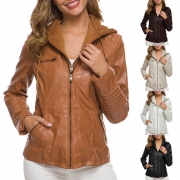 Fashion Solid Color Long Sleeve Hooded PU Leather Coat 