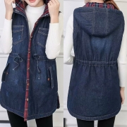 Fashion Sleeveless Drawstring Waist Hooded Denim Vest 