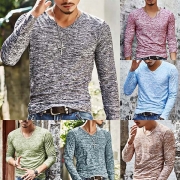 Fashion Long Sleeve V-neck Mixed Color Man's T-shirt 