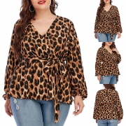 Fashion Leopard Spliced Long Sleeve Plus-size Shirt