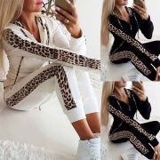 Fashion Leopard Spliced Long Sleeve Hoodie + Pants Thin Sports Suit( It falls small)