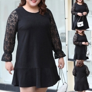 Sexy V-neck Lace Spliced Trumpet Sleeve High Waist Dress