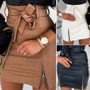 Fashion High Waist Zipper Hem Slim Fit PU Leather Skirt