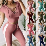 Sexy Lace-up V-neck Hooded Thin Crop Top + Pants Sports Suit
