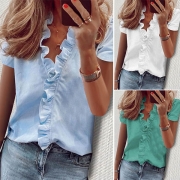 OL Style Short Sleeve V-neck Solid Color Ruffle Blouse