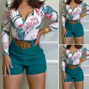 Sexy V-neck Long Sleeve Printed Top + Shorts Two-piece Set(Without belt)
