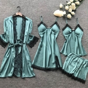 Sexy Solid Color Lace Spliced Nightwear Four-piece Set