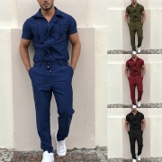 Fashion Solid Color Short Sleeve POLO Collar Man's Jumpsuit