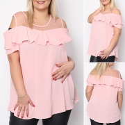 Sexy Off-shoulder Short Sleeve Solid Color Ruffle Sling Top