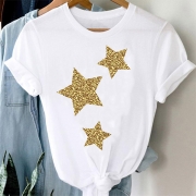Casual Style Short Sleeve Round Neck Gold Star Printed Loose T-shirt