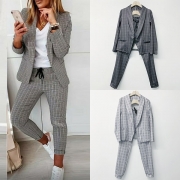 OL Style Long Sleeve Plaid Blazer + Pants Two-piece Set