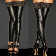 Sexy Lace Spliced Solid Color Over-the-knee PU Leather Stockings