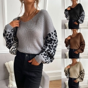 Casual Style Leopard Spliced Long Sleeve Round Neck Loose Sweater