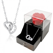 Fashion Rhinestone Inlaid S925 Silvery Dual-heart Pendant Necklace with Eternal Flower-Rose Accessory Box