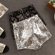 Straight Silver Sequin Shorts with Elastic Waistband and Tassel Drawstring