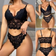 Sexy Solid Color Semi-through Lace Two-piece Lingerie Set