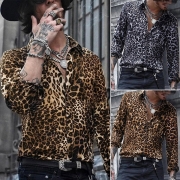 Fashion Leopard printed Long Sleeve Stand Collar Shirt for Men