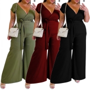 Fashion Solid Color V-neck Self-tie Wide-leg Oversize Plus Size Jumpsuit