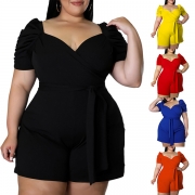 Casual Solid Color Sweetheart Neckline Short Sleeve Plus-sized Romper