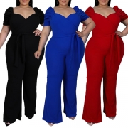 Fashion Solid Color Sweetheart Neckline Short Sleeve Self-tie Wide-leg Plus-sized Jumpsuit
